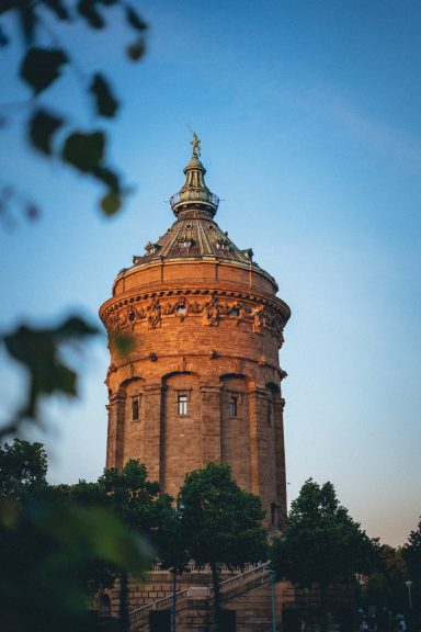 Historischer Wasserturm umgeben von Bäumen, im Abendlicht beleuchtet.